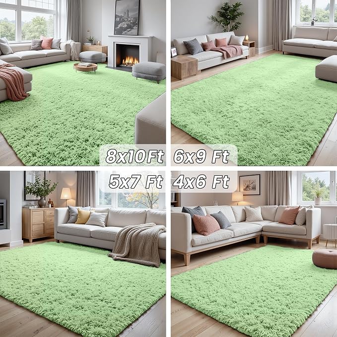 5x7 Fluffy Shag Area Rugs for Living Room Bedroom: Soft Carpet Mint Green | Upgraded Non-Slip Thick Memory Foam, Ultra Soft, Non-Shedding Fuzzy Carpet, Easy Clean Decor for Kids Room, Nursery, Playroom