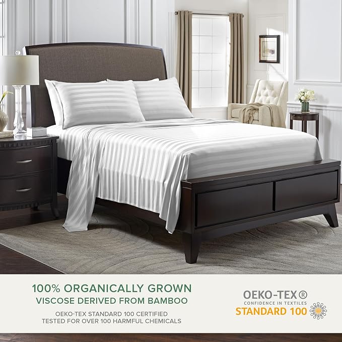 Pure Bamboo Twin Sheets, Genuine 100% Organic Viscose Derived from Bamboo Bed Sheet Set, Luxuriously Soft & Cooling, Double Stitching, 2 Year Quality Promise (Twin, Jacquard White)