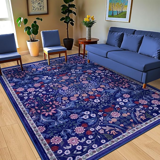 PLHXFR 8x10 Area Rug Living Room: Floral Washable Boho Soft Carpet Blue | For Bedroom Dining Room Farmhouse Nursery Hallway,Vintage Floral,Machine washable,Non Slip,Stain Resistant,Large Indoor