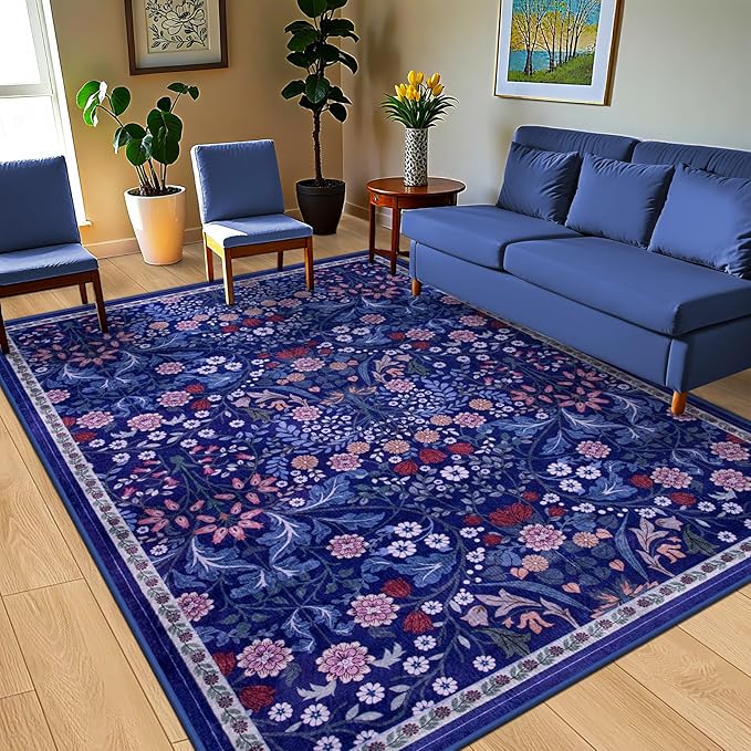 PLHXFR Area Rug 10x14 Living Room: Floral Washable Boho Soft Carpet Blue | For Bedroom Dining Room Farmhouse Nursery Hallway,Vintage Floral,Machine washable,Non Slip,Stain Resistant,Large Indoor