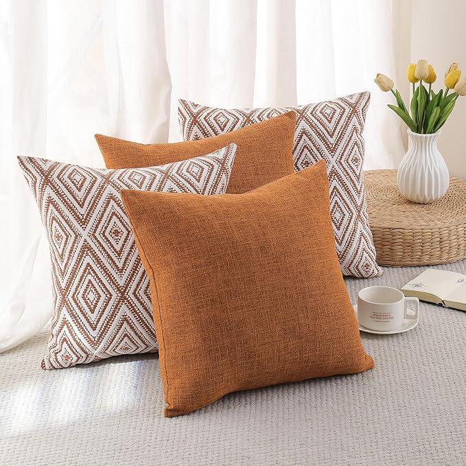 HPUK Throw Pillow Covers 18x18, Set of 4, Golden Brown Couch Pillow Covers | Polyester fabric, patterned and solid designs, hidden zippers, machine washable, for sofas and beds, inserts not included