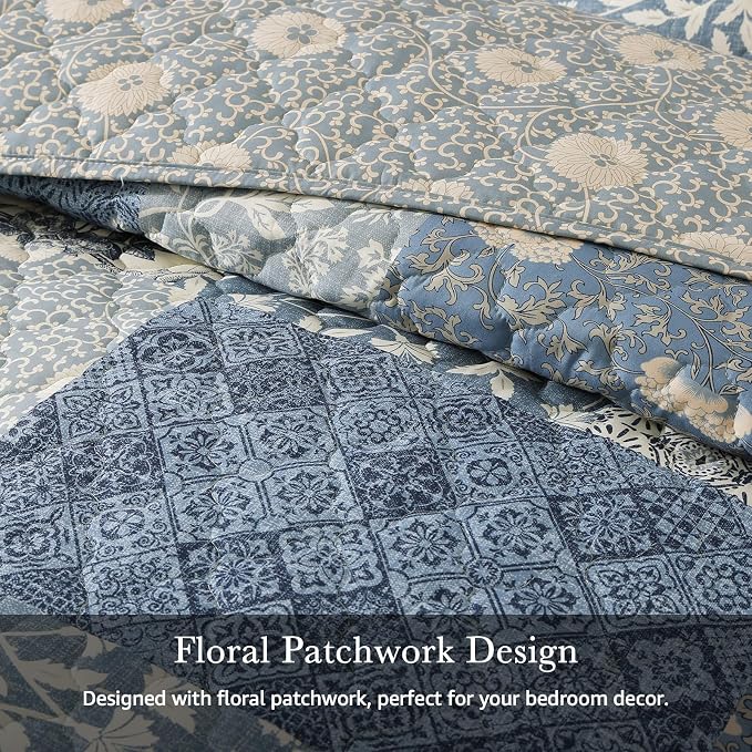 California King Quilt Set-3 Pieces Soft Bedspread Floral Patchwork Quilt | Lightweight Blue Quilt, Reversible Vintage Floral Bedding Set, All Seasons Bed Coverlet with 2 Pillow Shams, 120"x110"