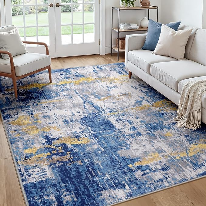RELEANY Washable Square 7'x7' Area Rug for Living Room Blue Gold | Carpet for Bedroom, Kitchen, Office, Hallway and Entryway, Printed Pattern, Non‑Slip, Soft, Stain‑Resistant, Easy to Clean