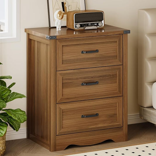 BORNOON 3-Drawer Dresser for Bedroom, Small Wooden Chest of Drawers with Metal Handles, Narrow Storage Cabinet with Anti-Tipping Design, Sturdy Dresser Organizer for Closet, Living Room, Entryway