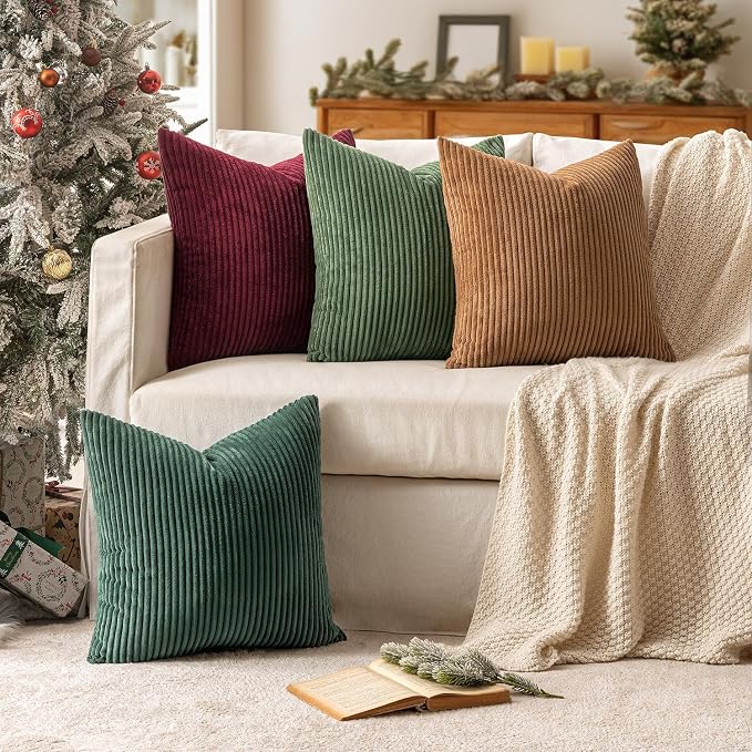 MIULEE Soft Corduroy Decorative Throw Pillow Covers Christmas Green 22x22 | Set of 4, Mordern Nordic Christmas Decor, Green Red Accent Set, Boho Farmhouse Cushion Covers for Couch Bed Sofa Living Room