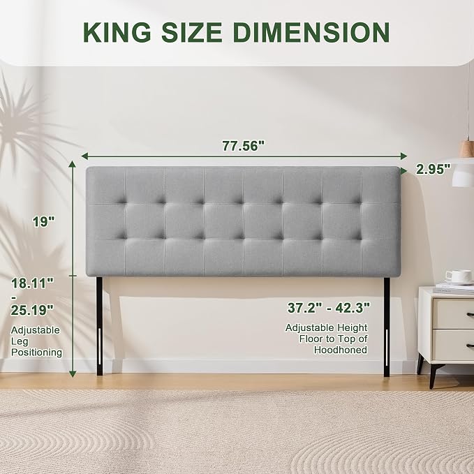 Linen Stitched Tufted King Headboard, Adjustable Height 37.2-42.3 in, Gray | Wood Twin Headboard Only, Padded Support for Reading, Relaxing or Working in Bed, Stable Non-Slip Design, Fits Bed Frame