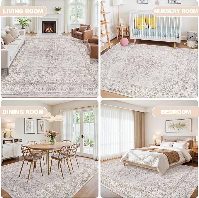 9x12 Washable Area Rugs for Living Room Beige Brown Non-Slip Rug | Vintage Medallion Rug，Soft Low Pile Large Rugs，Indoor Retro Carpet for Bedroom Nursery Dining Table Farmhouse Home Office