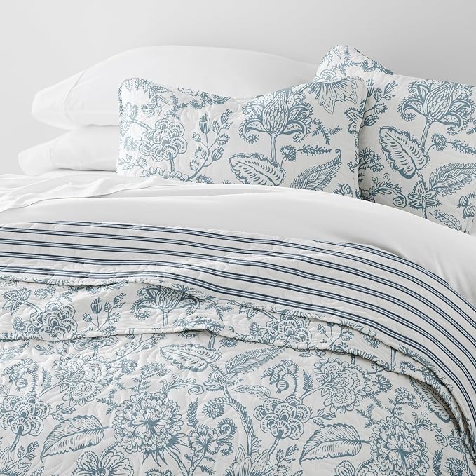 Merit Linens Soft Quilt Coverlet Bedding Set - Reversible Patterns - King/Cal-King Dusk Blue