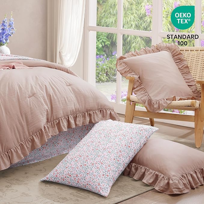 King Size Comforter Set-7 Pieces Ruffle Bedding Floral Sheet | Pink Bed in a Bag, Soft Lightweight All Season Farmhouse King Size Bedding Sets with Floral Sheets, Pillowcases & Shams