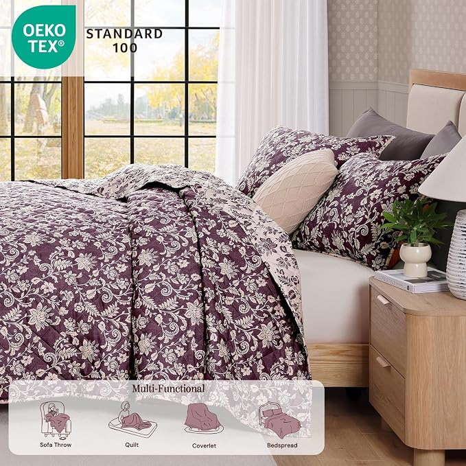 BLOOMHAVEN Queen Quilt Set-3 Pieces Soft Bedding Floral Reversible Coverlet | All Seasons Lightweight Quilts Queen Size for Bed, Breathable Vintage Bedspread with Shams, Italian Plum