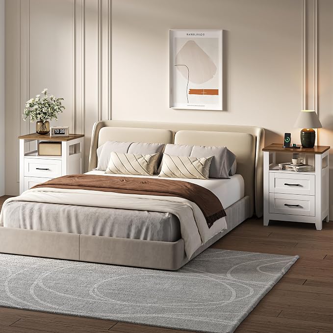Decofy Farmhouse 2-Drawer Nightstand Set of 2 with Charging Station, White | Open Shelves, AC Outlets, USB And Type C Ports, Rustic Wood Bedside Tables, Storage For Small Items