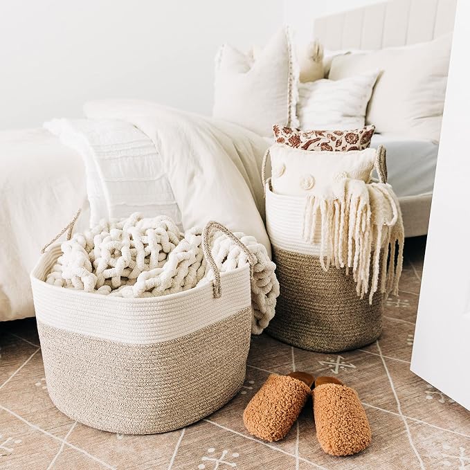 OrganiHaus Round Toy Basket & Blanket Basket, Cotton Rope 20x13" | Brown / Off-White - Round Cotton Rope Basket, 20x13"
