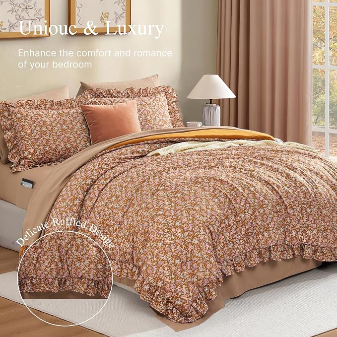 Queen Comforter Set-7 Pieces Floral Ruffle Bedding Set | Brown Ditzy Bed in a Bag, Soft Lightweight All Season Farmhouse Queen Bedding Sets with Sheets, Pillowcases & Shams