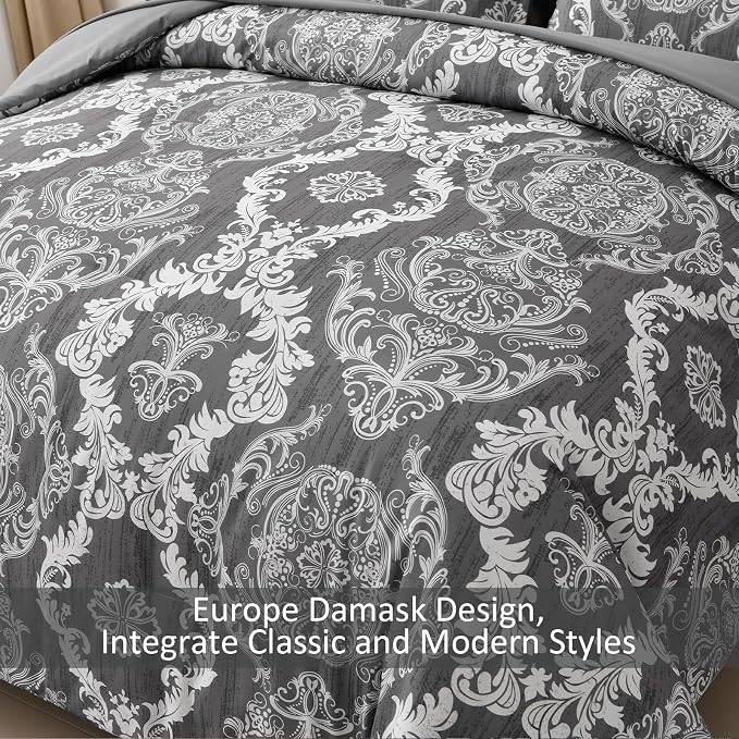 WONGS BEDDING Dark Grey Comforter Set King Size, Damask Texture 7 Pieces Bed in a Bag Microfiber Comforter Bedding Sets -1 Comforter, 1 Flat Sheet, 1 Fitted Sheet, 2 Pillow Shams, 2 Pillowcases
