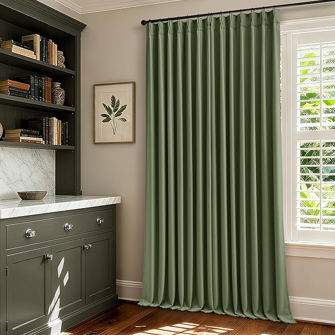 96 Inch Olive Green Linen Pinch Pleated Blackout Curtains with Liner | 100% Black Out, Pinch Pleat with Hooks Rings, Thick Linen Textured, Room Darkening, Bedroom Living Room Window Curtains