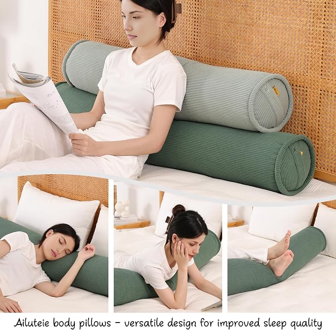 Corduroy Body Pillow, Round Bolster Cylinder Pillow for Adults, Soft Long Support Pillow for Bed & Sofa, Removable Washable Cover,59 x 7.87 Inches,Peacock Blue
