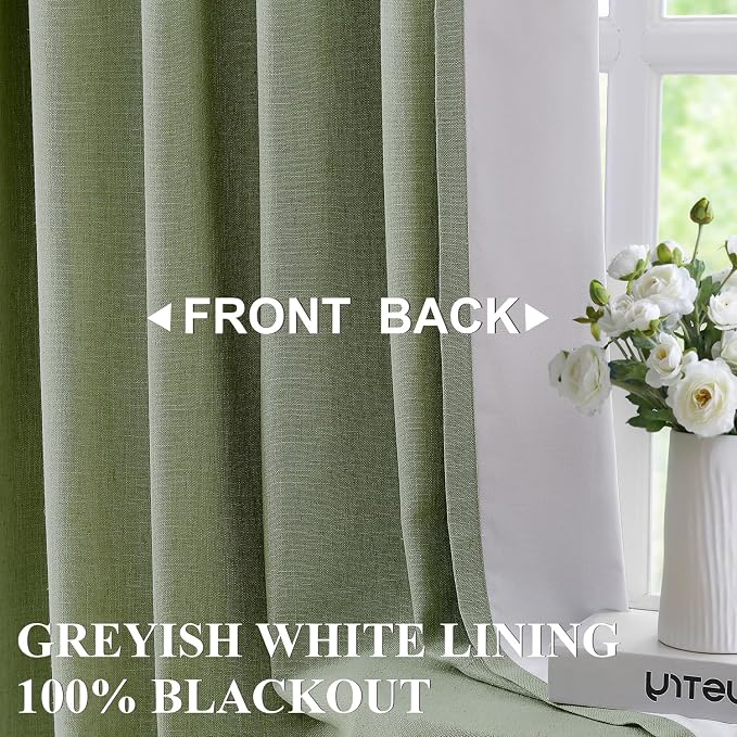 Vision Home Dark Green Pinch Pleated Full Blackout Curtains Linen Blended Room Darkening Curtain Panels 90 inch for Living Room Bedroom Thermal Insulated Pinch Pleat Drapes with Hooks 40" Wx90 Lx2
