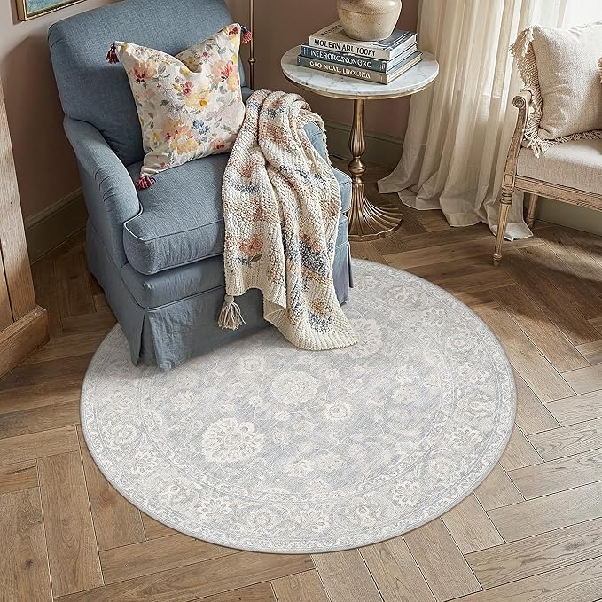 4x4 Blue Cream Neutral Round Rug | Washable, Vintage, Soft, Non Slip, Low Pile, Distressed, Circle Carpet for Entryway Entrance Bathroom Indoor Home Decor