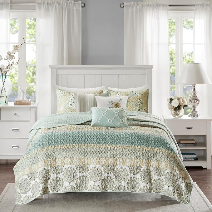 Madison Park Cotton Floral Coverlet Green King Quilt Set, 6pc | Double Sided Stitching, All-Season, Lightweight, Shabby Chic Bedding Layer, Machine Washable, Cozy, Breathable, Soft