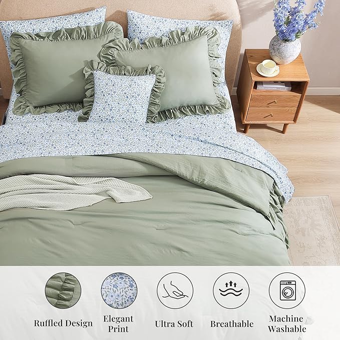Queen Comforter Set-7 Pieces Ruffle Bedding with Floral Sheet | Sage Green Bed in a Bag, Soft Lightweight All Season Farmhouse Queen Bedding Sets with Floral Sheets, Pillowcases & Shams