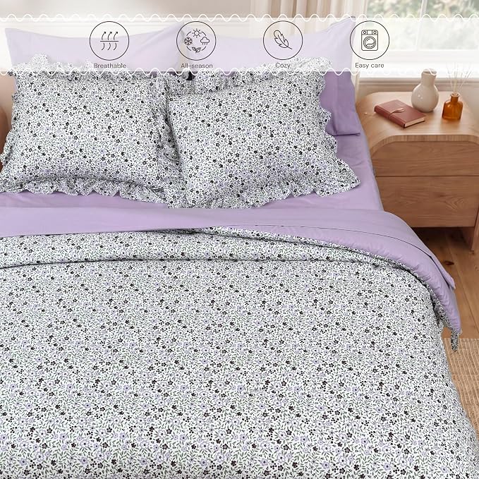 Queen Comforter Set-7 Pieces Floral Ruffle Bedding Set | Violet Ditzy Bed in a Bag, Soft Lightweight All Season Farmhouse Queen Bedding Sets with Sheets, Pillowcases & Shams