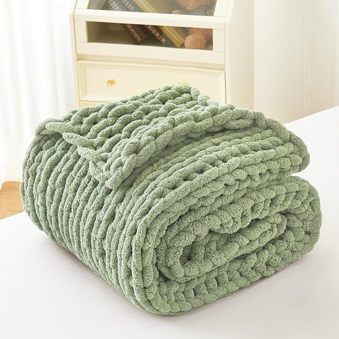 Chunky Knit Blanket Throw for Couch, 40"x50" Chunky Yarn Knitted Blankets | 100% Hand Knit Thick Chenille, Soft Breathable for Bed, Sofa, Home Decor, Cozy Gifts for Women Friends, Sage Green