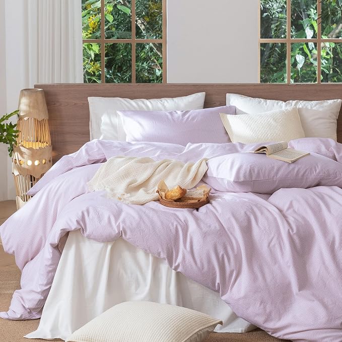 MooMee Striped Duvet Cover Set 100% Washed Cotton Linen Like Queen | Relaxed Linen-like Texture. Soft, Breathable & Long-lasting Comfort. Lightweight. Hidden Zipper with 8 Interior Corner Ties