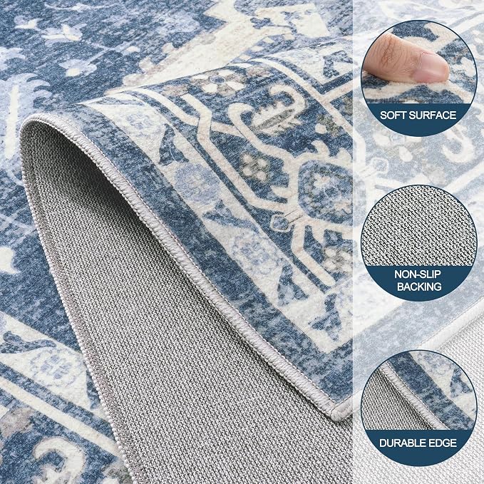 9x12 Washable Area Rugs for Living Room Blue Non-Slip Rug | Vintage Medallion Rug，Soft Low Pile Large Rugs，Indoor Retro Carpet for Bedroom Nursery Dining Table Farmhouse Home Office