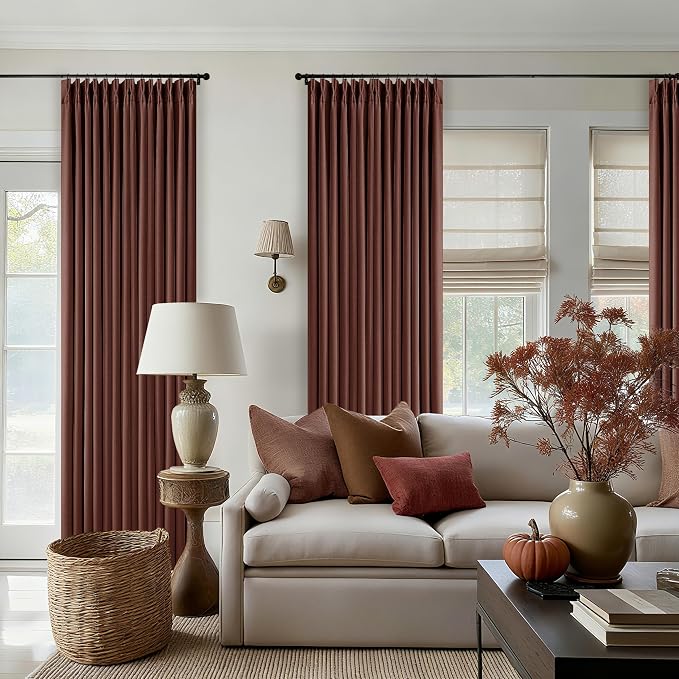 Chestnut Brown Pinch Pleated Blackout Linen 86 Inch Curtains for Bedroom | 100% Black Out Drapes with Liner, Rust Farmhouse Country, 86 Inch Curtain for Living Dining Room, Pinch Pleat with Back Tab