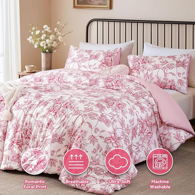 JANZAA Queen Size Comforter Set - Pink Peony Floral Shabby Chic Bedding | 3 Piece Cute Floral Bedding for All Season, 1 Soft Fluffy Breathable Microfiber Comforter Set with 2 Pillowcases