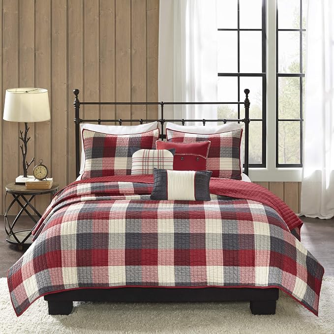 Madison Park Cabin Lifestyle Plaid Quilt Set, 6PC Full/Queen Coverlet | All Season, Luxurious Coverlet Bedspread Lightweight Bedding Layer, Shams, Decorative Pillow, Red