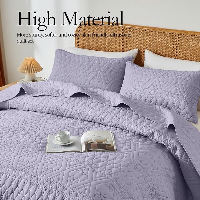 akkialla Twin Size Quilt Bedding Set,Lavender Lightweight Microfiber Soft Bedspreads,Modern Style Geoetric Pattern Coverlet Set for All Seasons,2 Piece(1 Quilt,1Pillow Sham)