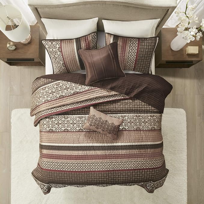 Madison Park Quilt Set Luxurious Jacquard Stripes Design - All Season, Coverlet Bedspread Lightweight Bedding Layer, Shams, Decorative Pillow, King/Cal King(104"x94"), Floral Red 5 Piece | All Season, Luxurious Coverlet Bedspread Lightweight Bedding La...