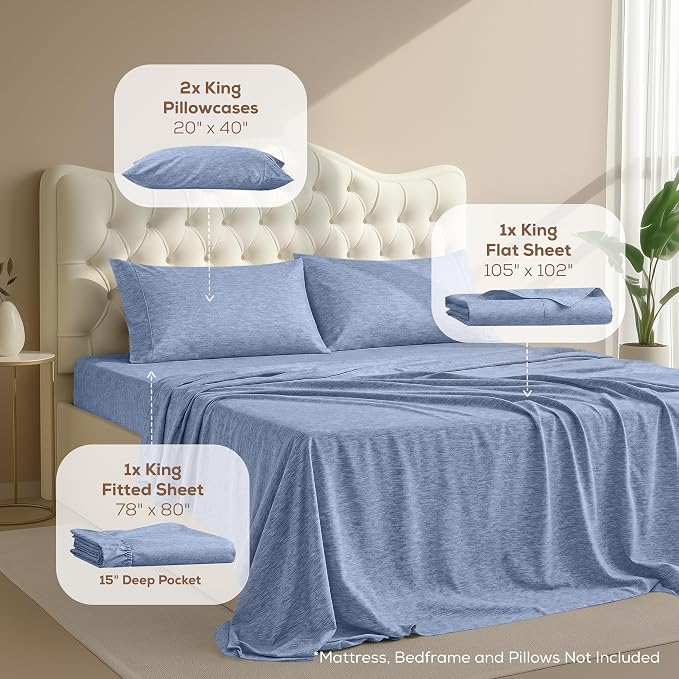 King Sheets Set, 4 Pieces 16" Deep Pocket Hotel Luxury Sheets, Heather Navy | Extra Soft Bedsheet Set, Comfy & Breathable Cooling Sheets, Wrinkle & Fade Resistant, Fitted Sheet, Flat Sheet, 2 Pillowcases