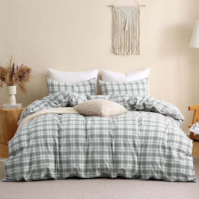 TOCOMOA Plaid Duvet Cover Set 100% Washed Cotton Like Linen, King | Linen-Like Feel Soft, Breathable & Comfy for All Season. Grey and Green Bedding Set with Zipper & 8 Ties. 3 Pcs, No Insert