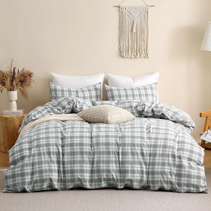 TOCOMOA Plaid Duvet Cover Set 100% Washed Cotton Like Linen, Queen | Linen-Like Feel Soft, Breathable & Comfy for All Season. Grey and Green Bedding Set with Zipper & 8 Ties. 3 Pcs, No Insert