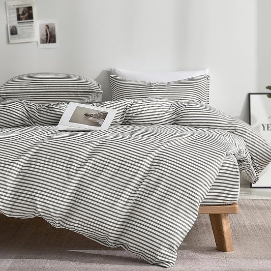 JELLYMONI 100% Cotton Classic Striped Cal King Duvet Cover Set, Grey | Breathable Softness, Oeko-Tex Certified, Classic Stripes, 8 Corner Ties & Double Hidden Zipper