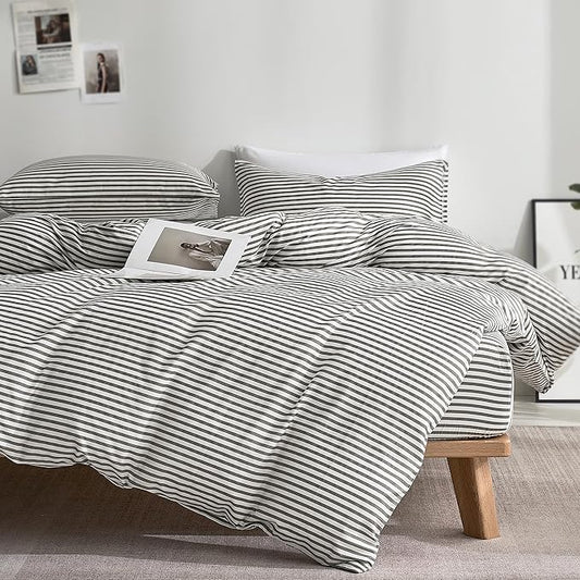 JELLYMONI 100% Cotton Classic Striped Queen Duvet Cover Set, Grey | Breathable Softness, Oeko-Tex Certified, Classic Stripes, 8 Corner Ties & Double Hidden Zipper