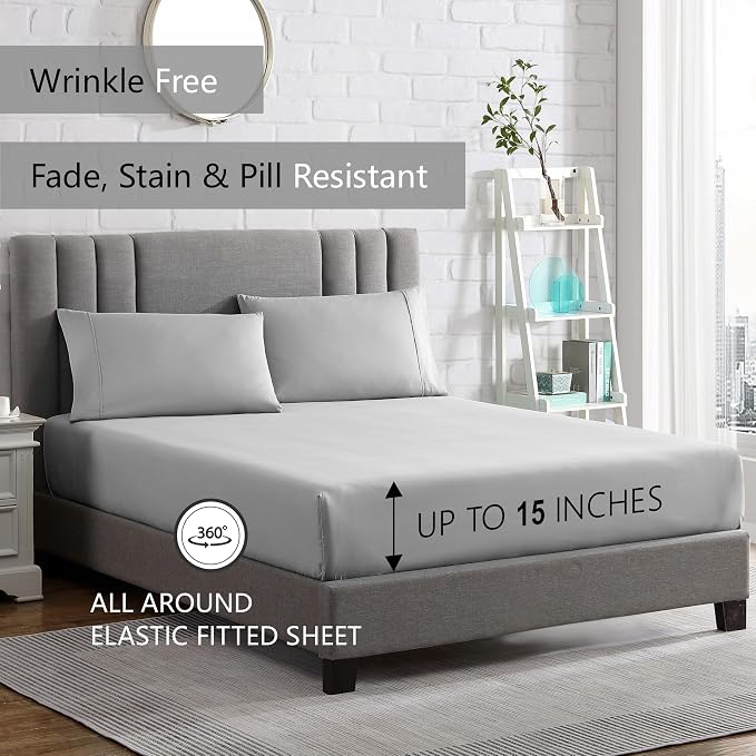 American Home Collection King Sheet Set - Ultra-Soft Microfiber 15-Inch Deep Pocket - Wrinkle Free and Fade Resistant (Light Grey)