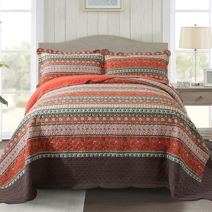 Cotton Bedspread Quilt Sets - Reversible Patchwork Coverlet Set, Red Striped Jacquard Pattern, Oversized King Size