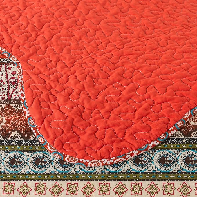 Cotton Bedspread Quilt Sets - Reversible Patchwork Coverlet Set, Red Striped Jacquard Pattern, California King Size