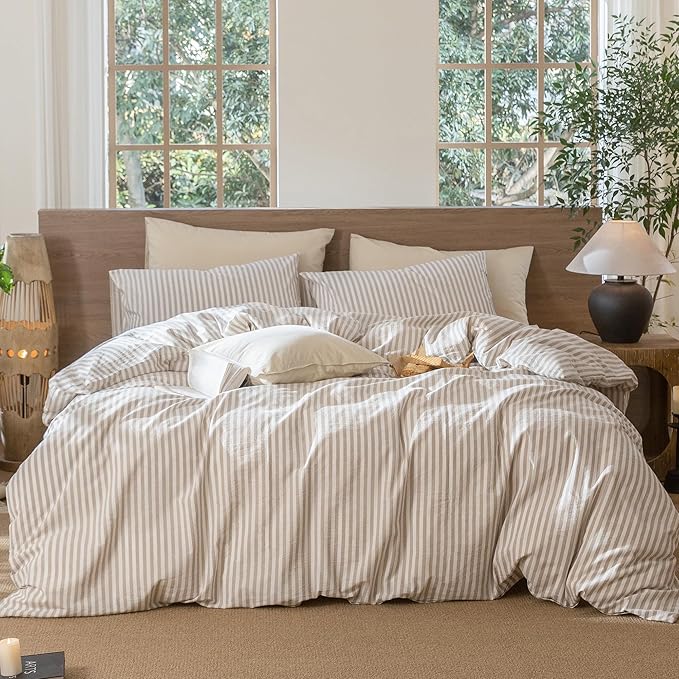 MooMee Striped Duvet Cover Set 100% Washed Cotton Linen Like Full | Relaxed Linen-like Texture. Soft, Breathable & Long-lasting Comfort. Lightweight. Hidden Zipper with 8 Interior Corner Ties