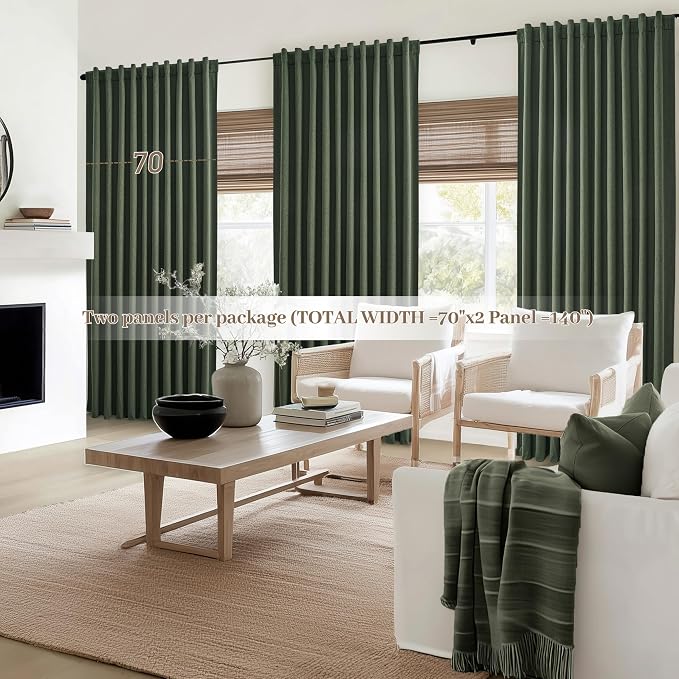 Dark Olive Green Curtains 70 Inch Length Extra Wide Pleated Black Out 102 Inch Long for Living Room, Linen Thick Sliding Glass Door Heavy Duty Insulated Large Window Drapes (70"Wx102"Lx 2Panels Loden)