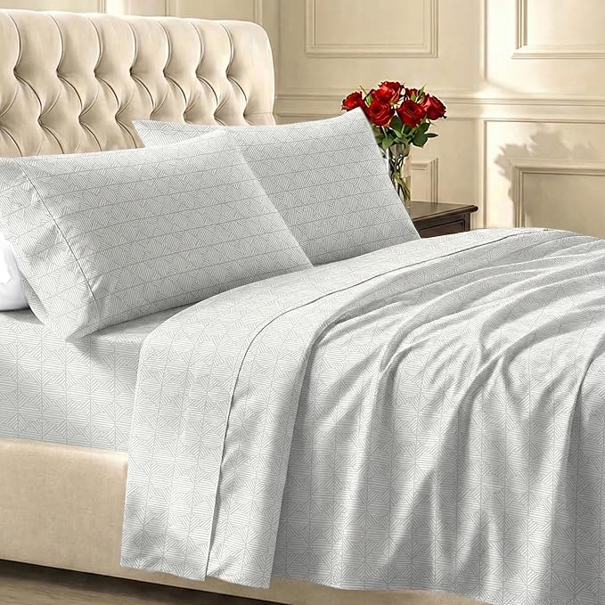 California Design Den Soft 100% Cotton Sateen Full Sized Bed Sheets, 4 Pcs | 400 Thread Count Backed by Good Housekeeping Seal, 16" Deep Pocket,All-Around Elastic, 4 Pc Set-Crosshatch Taupish Sage Print