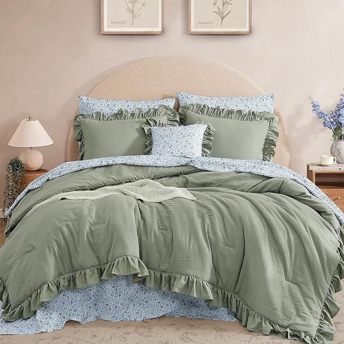 California King Comforter Set-7 Pieces Ruffle Bedding | Sage Green Bed in a Bag, Soft Lightweight All Season Farmhouse King Size Bedding Sets with Floral Sheets, Pillowcases & Shams