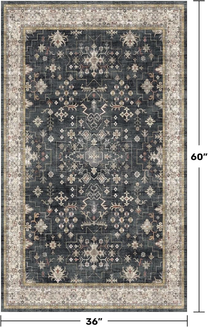 Large 3x5 Entryway Rug Indoor - Washable Non-Slip Low Pile Ultra Soft Area Rug for Large Kitchen, Bedroom Bedside, Mudroom - Distressed Boho Modern Aesthetic Geometric Decor, Ashen/Multi