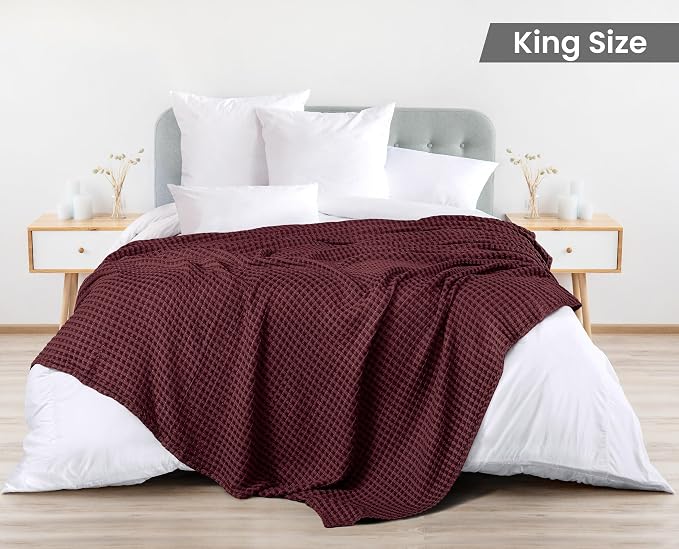 Utopia Bedding 100% Cotton Waffle Blanket King Size Burgundy, 90x108 Inch | Lightweight Breathable Cozy Summer Bed Blanket Home Decor Gift for Women and Men