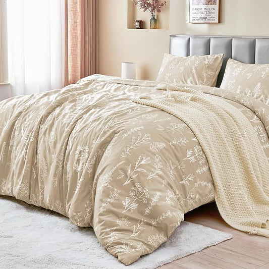 MUXHOMO Duvet Cover Twin/Twin XL Size Set, Reversible Floral Beige Duvet Cover with Zipper Closure, 2 Pieces Botanical Patterns Soft Microfiber Bedding Set with 4 Ties (68"x90", 1 Pillow Case)