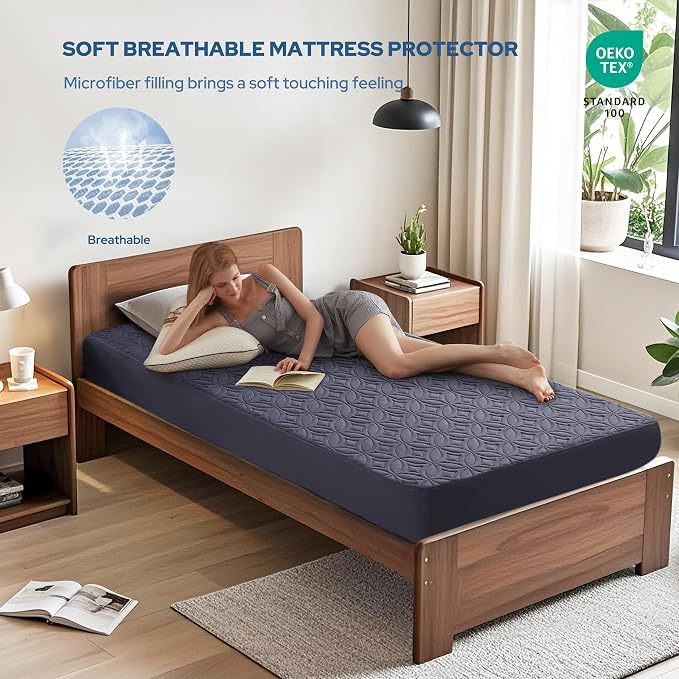 BEDLORE Waterproof Mattress Protector, Twin Size Mattress Pad | Deep Pockets Fit 6"-15" Mattresses, Soft Breathable Dirt-proof Single Bed Mattress Cover for Bedroom, Dorm Room (Navy Blue)