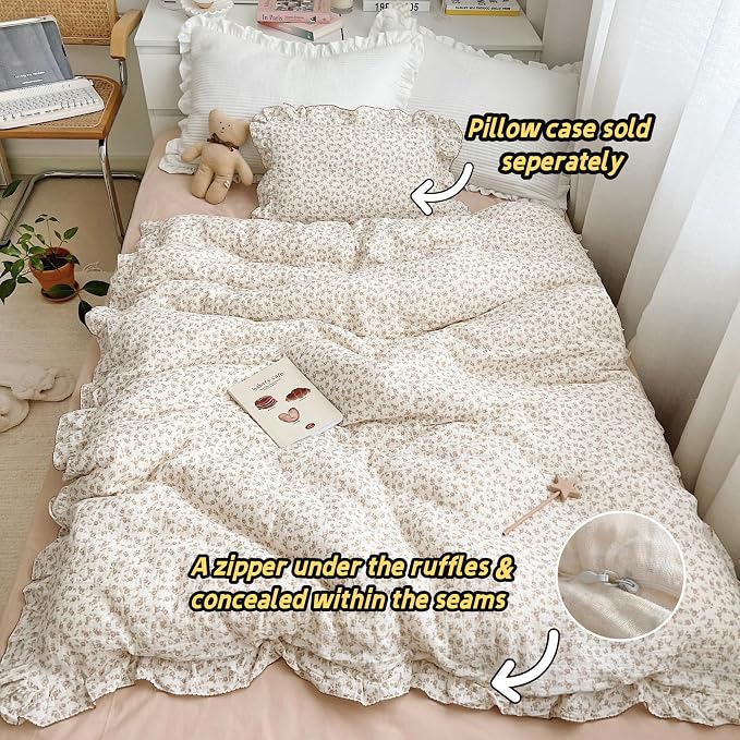 Soft Cotton Muslin Duvet Cover Girls Kids Floral Duvet Cover Beige Crib Bedding Comforter Cover Quilt Cover, 47"x59", Camellia Print (Pillowcases Not Included)